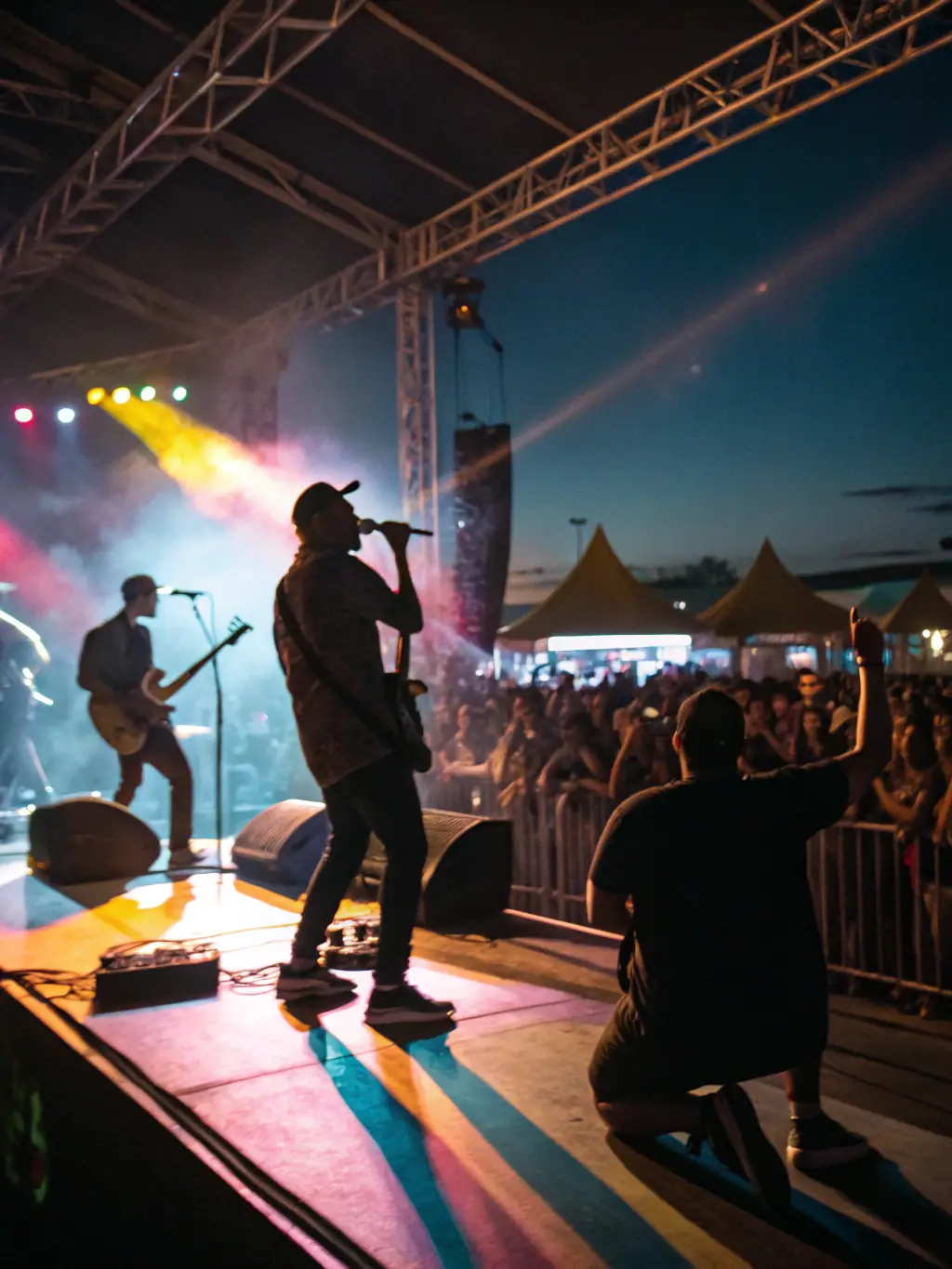 A photograph capturing a lively music festival organized by GAAC GPT, featuring local musicians and enthusiastic attendees enjoying the performance.