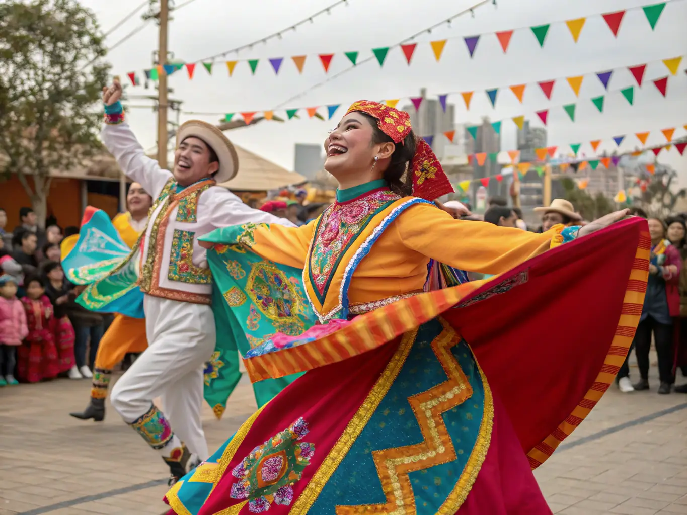 A vibrant image of a community festival with people of all ages enjoying music, dance, and traditional costumes in an outdoor setting, representing GAAC GPT's commitment to cultural events.
