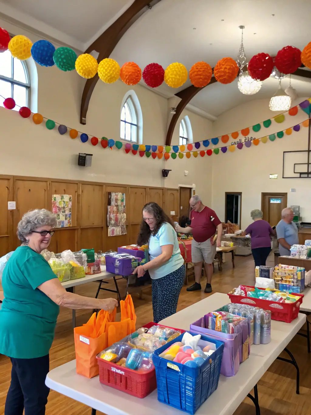 A heartwarming image of volunteers and community members working together to prepare for a festive event, emphasizing the spirit of collaboration and support.