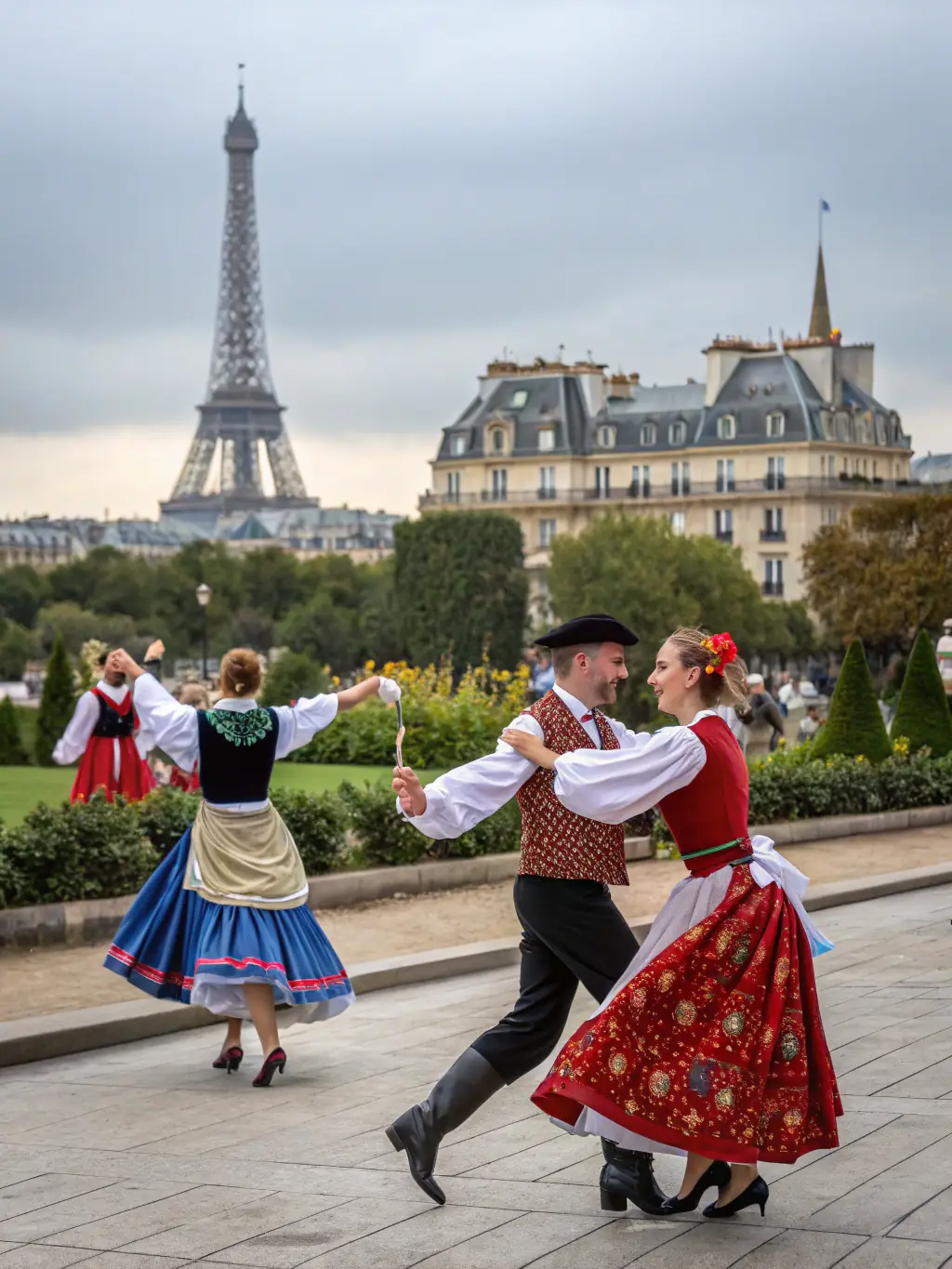 A vibrant image depicting a group of people participating in a traditional French dance during a GAAC GPT event, showcasing the cultural richness and community engagement.