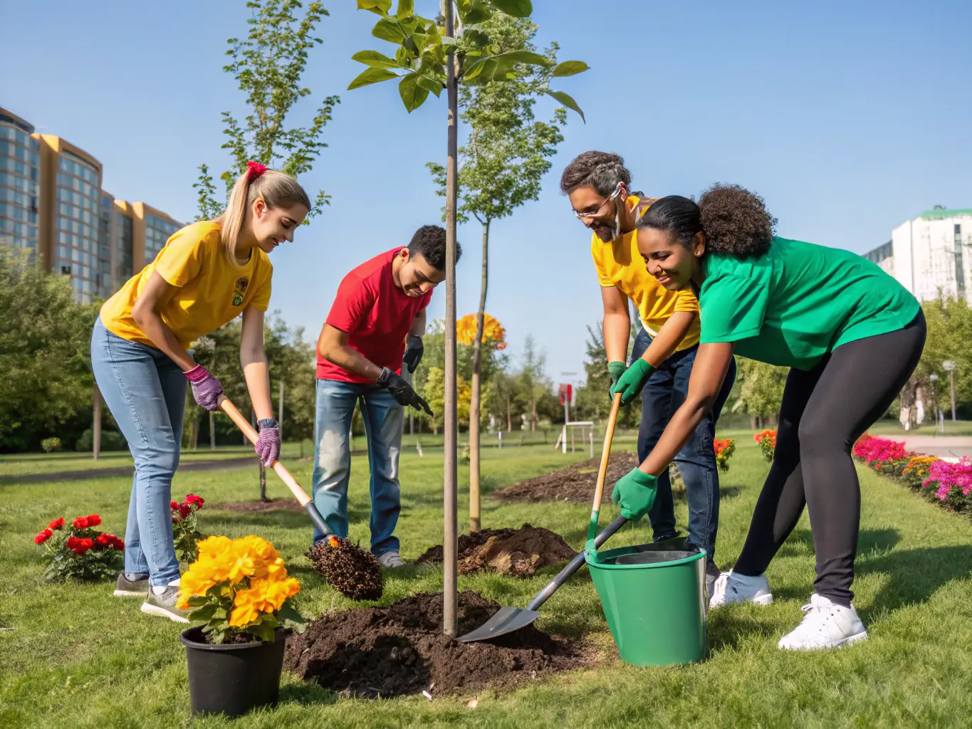 A photograph of volunteers working together on a community project, such as planting trees or cleaning up a local park, showcasing GAAC GPT's commitment to environmental stewardship.